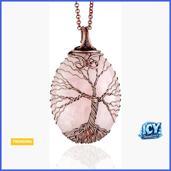 Silver Plated Rose Quartz Tree Of Life Necklace – Japam Handmade Tree of Life Pendant Necklace with Rose Quartz Stone